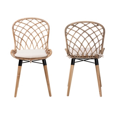 Two rattan dining chairs side by side (different color shade)