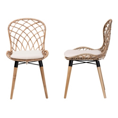 Two rattan dining chairs shown in profile and front view