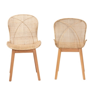Front and back views of two natural rattan dining chairs on a white background.