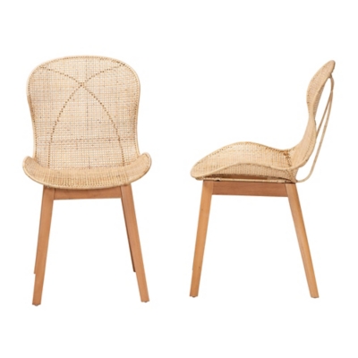 Front and side profile views of a natural rattan dining chair on a white background.