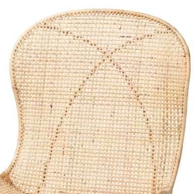 Close-up detail of the woven rattan backrest with an X-shaped pattern.