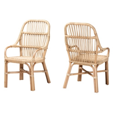 Two rattan dining chairs facing forward
