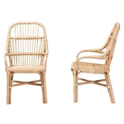 Two wicker dining chairs shown in profile and front view