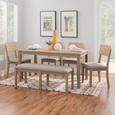 Linon Jocey Dining Table and 4 Chairs and Bench Set, Graywash