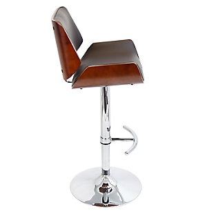 With its alluring bucket design formed of bent walnut-tone wood, this bar stool with swivel is ahead of the curve in contemporary style. Wrapped in a practical faux leather, the generously padded seat and backrest are made for looks and pleasure. Elevating the chair’s form and function: a hydraulic element that takes you from counter height to pub height with ease.Made of metal and wood | Footrest for added support | 360-degree swivel | Comfortable foam cushioned seat | Faux leather upholstery | Adjustable height (moves from counter to pub height) | Assembly required