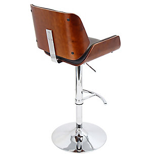 With its alluring bucket design formed of bent walnut-tone wood, this bar stool with swivel is ahead of the curve in contemporary style. Wrapped in a practical faux leather, the generously padded seat and backrest are made for looks and pleasure. Elevating the chair’s form and function: a hydraulic element that takes you from counter height to pub height with ease.Made of metal and wood | Footrest for added support | 360-degree swivel | Comfortable foam cushioned seat | Faux leather upholstery | Adjustable height (moves from counter to pub height) | Assembly required