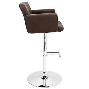 No doubt, the Stout adjustable height bar stool with swivel is all about clean, contemporary style and comfort. Square tufting on the thickly padded backrest and seat echo the chair’s linear styling. High armrests provide a cozy, sheltering feel. Rounded chrome-tone base with sleek footrest is a shapely contrast.Metal base | Footrest for added support | 360-degree swivel | Comfortable foam cushioned seat | Faux leather upholstery | Adjustable height (moves from counter to pub height) | Assembly required