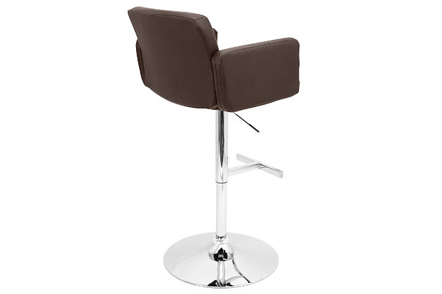 No doubt, the Stout adjustable height bar stool with swivel is all about clean, contemporary style and comfort. Square tufting on the thickly padded backrest and seat echo the chair’s linear styling. High armrests provide a cozy, sheltering feel. Rounded chrome-tone base with sleek footrest is a shapely contrast.Metal base | Footrest for added support | 360-degree swivel | Comfortable foam cushioned seat | Faux leather upholstery | Adjustable height (moves from counter to pub height) | Assembly required