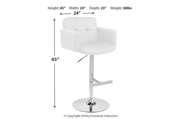 No doubt, the Stout adjustable height bar stool with swivel is all about clean, contemporary style and comfort. Square tufting on the thickly padded backrest and seat echo the chair’s linear styling. High armrests provide a cozy, sheltering feel. Rounded chrome-tone base with sleek footrest is a shapely contrast.Metal base | Footrest for added support | 360-degree swivel | Comfortable foam cushioned seat | Faux leather upholstery | Adjustable height (moves from counter to pub height) | Assembly required | Excluded from promotional discounts and coupons