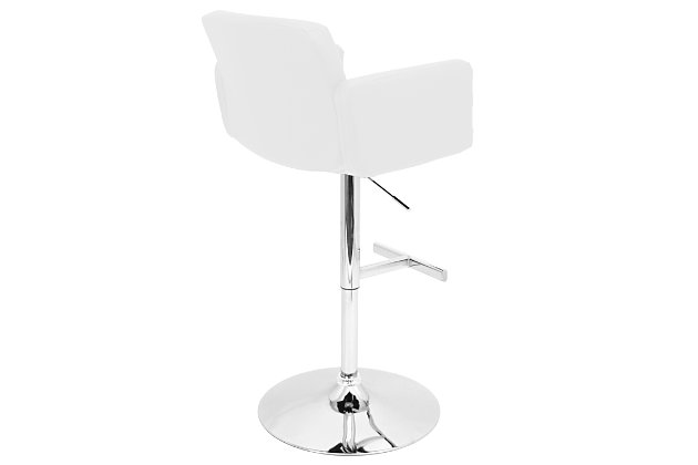 No doubt, the Stout adjustable height bar stool with swivel is all about clean, contemporary style and comfort. Square tufting on the thickly padded backrest and seat echo the chair’s linear styling. High armrests provide a cozy, sheltering feel. Rounded chrome-tone base with sleek footrest is a shapely contrast.Metal base | Footrest for added support | 360-degree swivel | Comfortable foam cushioned seat | Faux leather upholstery | Adjustable height (moves from counter to pub height) | Assembly required | Excluded from promotional discounts and coupons