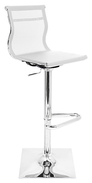 If you’re looking for a delightfully different take on contemporary style, seeing is believing with the Mirage bar stool. Sporting a comfortably cool mesh backrest, the contoured seat is sleek yet sturdy. With 360-degree swivel and a hydraulic element that takes you from counter height to pub height with ease, this designer bar stool is sure to move you.Metal base | Footrest for added support | 360-degree swivel | Comfortable foam cushioned seat | Mesh fabric | Adjustable height (moves from counter to pub height) | Assembly required
