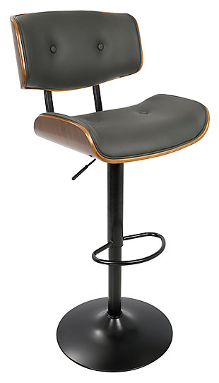 Mid-century with modern day flair. The Lombardi swivel bar stool is everything that spiffy bachelor pads and swanky bars are made of. Gorgeous grain of the walnut-tone wood curves around thick faux leather cushions for handsome appeal. Two buttons on the back and the seat add a dapper touch. With adjustable height, you and your guests won’t miss a beat as you congregate in style.Made of wood with walnut-tone finish | Cushioned seat with faux leather upholstery | Metal base | Footrest for added support | 360-degree swivel | Adjustable height (moves from counter to pub height) | Assembly required