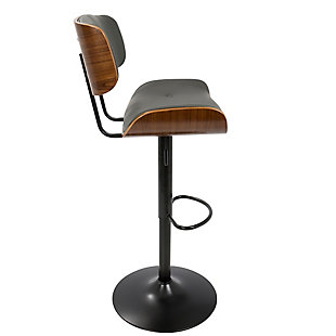 Mid-century with modern day flair. The Lombardi swivel bar stool is everything that spiffy bachelor pads and swanky bars are made of. Gorgeous grain of the walnut-tone wood curves around thick faux leather cushions for handsome appeal. Two buttons on the back and the seat add a dapper touch. With adjustable height, you and your guests won’t miss a beat as you congregate in style.Made of wood with walnut-tone finish | Cushioned seat with faux leather upholstery | Metal base | Footrest for added support | 360-degree swivel | Adjustable height (moves from counter to pub height) | Assembly required
