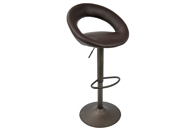 Twice the stools means twice the style with this 2-piece swivel bar stool set. Spruce up your kitchen or bar with effortless style. Sleek circular seat is generously padded for modern comfort. Sumptuous faux leather upholstery rests beautifully atop the industrial antiqued metal base. Adjustable seating puts this stool at the forefront of form and function.Includes 2 bar stools | Cushioned seat with faux leather upholstery | Metal base | Footrest for added support | 360-degree swivel | Adjustable height (moves from counter to pub height) | Assembly required