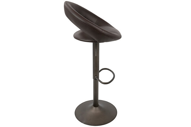 Twice the stools means twice the style with this 2-piece swivel bar stool set. Spruce up your kitchen or bar with effortless style. Sleek circular seat is generously padded for modern comfort. Sumptuous faux leather upholstery rests beautifully atop the industrial antiqued metal base. Adjustable seating puts this stool at the forefront of form and function.Includes 2 bar stools | Cushioned seat with faux leather upholstery | Metal base | Footrest for added support | 360-degree swivel | Adjustable height (moves from counter to pub height) | Assembly required