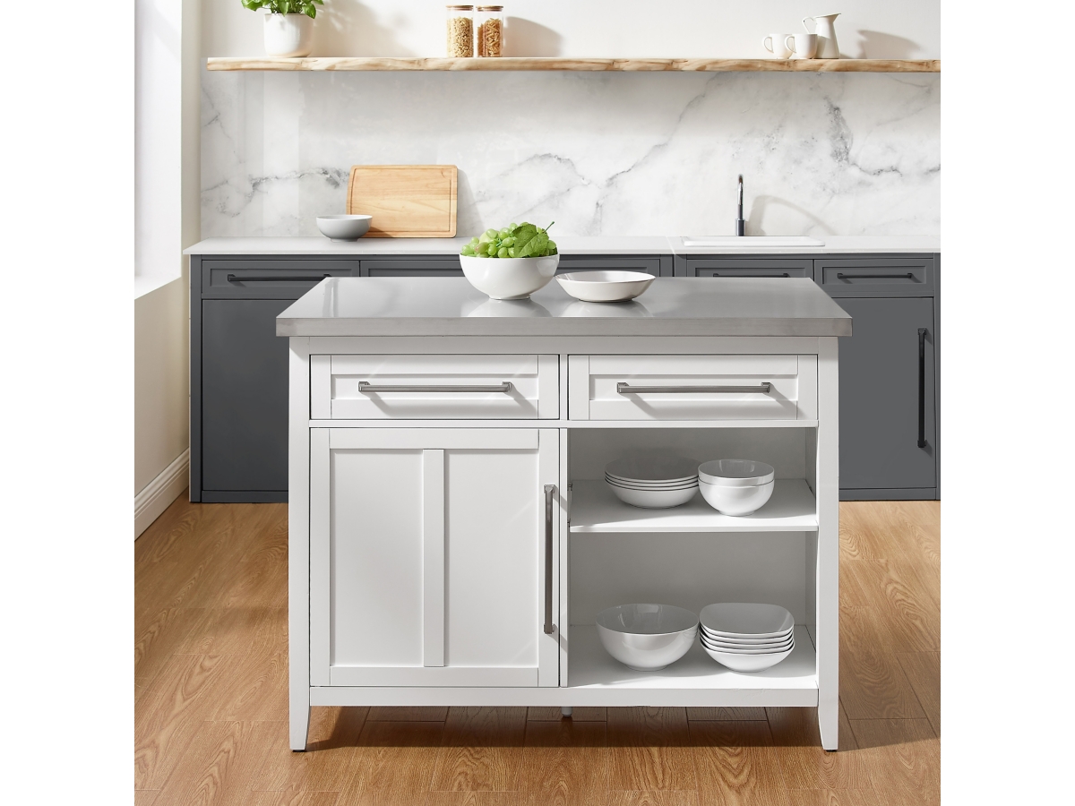 White Rubber Wood 39.8 in. Kitchen Island with Adjustable