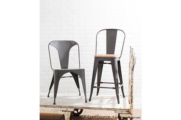Bring home warehouse charm without the warehouse grit with the Oregon 2-piece bar stool set. Conveniently lightweight, these ultra-cool industrial bar stools—quality crafted of steel, bamboo and wood—are strong, supportive and built to last. Grainy wood seat makes this weathered gray metal bar stool complete.Includes 2 bar stools | Made of steel, bamboo, and wood | Footrest for added support | Counter height | Assembly required
