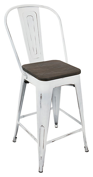 Bring home warehouse charm without the warehouse grit with the Oregon 2-piece bar stool set. Conveniently lightweight, these ultra-cool industrial bar stools—quality crafted of steel, bamboo and wood—are strong, supportive and built to last. Grainy wood seat makes this weathered white metal bar stool complete.Includes 2 bar stools | Made of steel, bamboo, and wood | Footrest for added support | Counter height | Assembly required