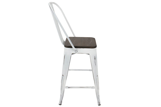 Bring home warehouse charm without the warehouse grit with the Oregon 2-piece bar stool set. Conveniently lightweight, these ultra-cool industrial bar stools—quality crafted of steel, bamboo and wood—are strong, supportive and built to last. Grainy wood seat makes this weathered white metal bar stool complete.Includes 2 bar stools | Made of steel, bamboo, and wood | Footrest for added support | Counter height | Assembly required
