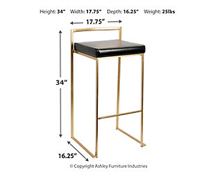 Longing for a less-is-more aesthetic? Go for gold with a pair of Fuji bar stools. A luxe goldtone finish lets the ultra-linear metal frame and backrest shine. Thickly padded seats are covered in a black leatherette fabric for a cool look and sumptuous comfort. Stackable design simply makes sense.Set of 2 | Made of metal | Foam cushioned seat | Polyurethane (faux leather) upholstery | Sturdy metal footrest | Stackable design | Assembly required