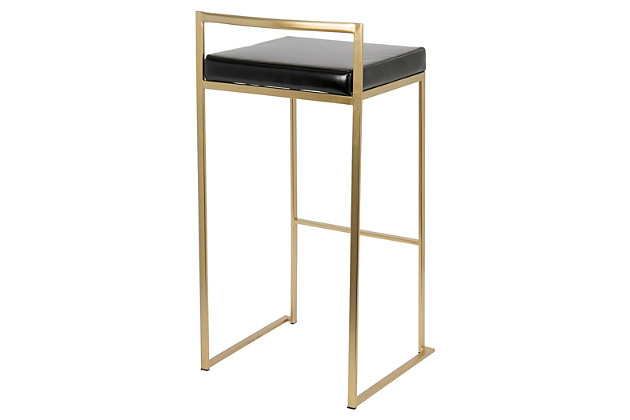 Longing for a less-is-more aesthetic? Go for gold with a pair of Fuji bar stools. A luxe goldtone finish lets the ultra-linear metal frame and backrest shine. Thickly padded seats are covered in a black leatherette fabric for a cool look and sumptuous comfort. Stackable design simply makes sense.Set of 2 | Made of metal | Foam cushioned seat | Polyurethane (faux leather) upholstery | Sturdy metal footrest | Stackable design | Assembly required