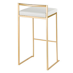 Longing for a less-is-more aesthetic? Go for gold with Fuji counter stools. A luxe goldtone finish lets the ultra-linear metal frame and backrest shine. Thickly padded seats are covered in a black leatherette fabric for a cool look and sumptuous comfort. Stackable design simply makes sense.Set of 2 | Made of metal | Foam cushioned seat | Polyurethane (faux leather) upholstery | Sturdy metal footrest | Stackable design | Assembly required
