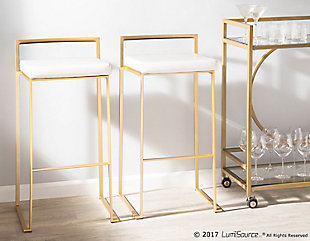 Longing for a less-is-more aesthetic? Go for gold with Fuji bar stools. A luxe goldtone finish lets the ultra-linear metal frame and backrest shine. Thickly padded seats are covered in a white leatherette fabric for a cool look and sumptuous comfort. Stackable design simply makes sense.Set of 2 | Made of metal | Foam cushioned seat | Polyurethane (faux leather) upholstery | Sturdy metal footrest | Stackable design | Assembly required