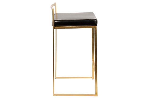Longing for a less-is-more aesthetic? Go for gold with Fuji counter stools. A luxe goldtone finish lets the ultra-linear metal frame and backrest shine. Thickly padded seats are covered in a black leatherette fabric for a cool look and sumptuous comfort. Stackable design simply makes sense.Set of 2 | Made of metal | Foam cushioned seat | Polyurethane (faux leather) upholstery | Sturdy metal footrest | Stackable design | Assembly required