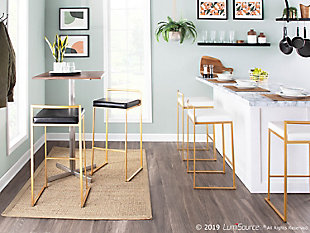 Longing for a less-is-more aesthetic? Go for gold with Fuji counter stools. A luxe goldtone finish lets the ultra-linear metal frame and backrest shine. Thickly padded seats are covered in a white leatherette fabric for a cool look and sumptuous comfort. Stackable design simply makes sense.Set of 2 | Made of metal | Foam cushioned seat | Polyurethane (faux leather) upholstery | Sturdy metal footrest | Stackable design | Assembly required