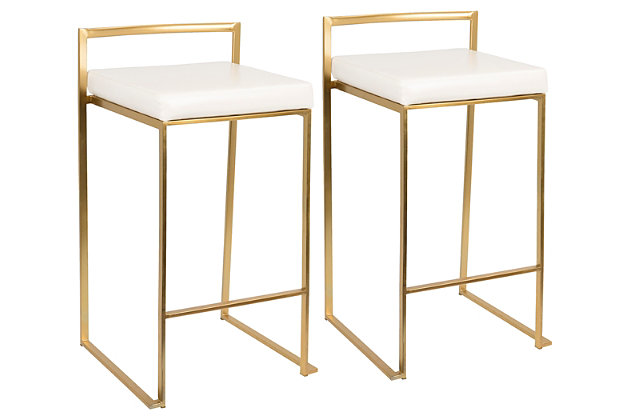 Longing for a less-is-more aesthetic? Go for gold with Fuji counter stools. A luxe goldtone finish lets the ultra-linear metal frame and backrest shine. Thickly padded seats are covered in a white leatherette fabric for a cool look and sumptuous comfort. Stackable design simply makes sense.Set of 2 | Made of metal | Foam cushioned seat | Polyurethane (faux leather) upholstery | Sturdy metal footrest | Stackable design | Assembly required