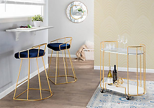 Seat guests in the modern opulence of Canary counter height bar stools. Two stools per set, their cage-like design is captivating with goldtone metal bases and footrests. Padded seats are upholstered in a luxurious blue velvet fabric. The subtle curved backrests are uniquely short, which adds to the elegant look—definitely inviting with a bold touch of fancy for your seating needs.Set of 2 | Made of metal with footrest | Foam padded seat with velvet fabric upholstery | Assembly required