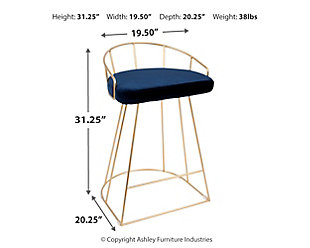 Seat guests in the modern opulence of Canary counter height bar stools. Two stools per set, their cage-like design is captivating with goldtone metal bases and footrests. Padded seats are upholstered in a luxurious blue velvet fabric. The subtle curved backrests are uniquely short, which adds to the elegant look—definitely inviting with a bold touch of fancy for your seating needs.Set of 2 | Made of metal with footrest | Foam padded seat with velvet fabric upholstery | Assembly required