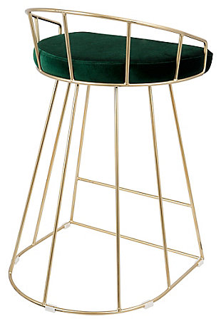 Seat guests in the modern opulence of the Canary counter height bar stools. Two stools per set, their cage-like design is captivating with goldtone metal bases and footrests. Padded seats are upholstered in a luxurious green velvet fabric. The subtle curved backrests are uniquely short, which adds to the elegant look—definitely inviting with a bold touch of fancy for your seating needs.Set of 2 | Made of metal with footrest | Foam padded seat with velvet fabric upholstery | Assembly required