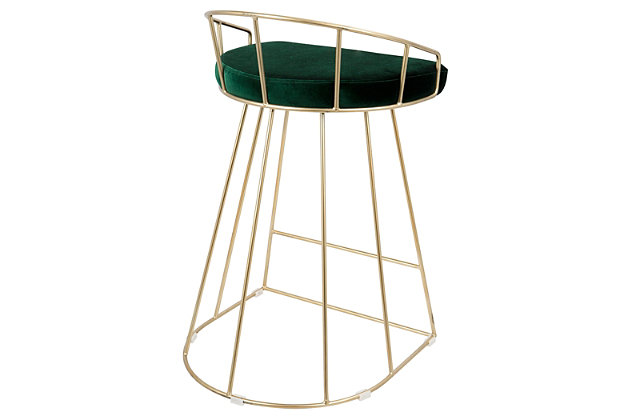 Seat guests in the modern opulence of the Canary counter height bar stools. Two stools per set, their cage-like design is captivating with goldtone metal bases and footrests. Padded seats are upholstered in a luxurious green velvet fabric. The subtle curved backrests are uniquely short, which adds to the elegant look—definitely inviting with a bold touch of fancy for your seating needs.Set of 2 | Made of metal with footrest | Foam padded seat with velvet fabric upholstery | Assembly required