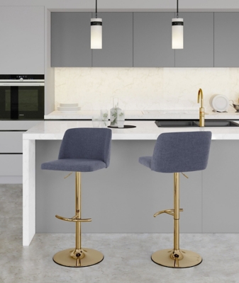 LumiSource Toriano Adjustable Barstool (Set of 2), Blue/Gold, rollover