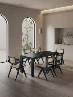 Manhattan Comfort Rockaway and Hamlet Dining Table and 6 Chairs, Black/Natural Cane, rollover