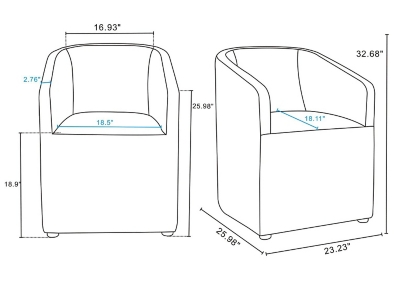 Grey upholstered dining armchair with dimensions diagram showing width 18.5