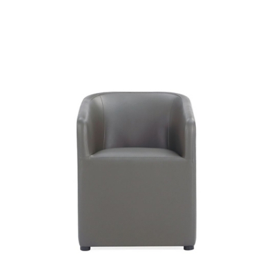 Grey dining armchair close-up showing upholstery and seam