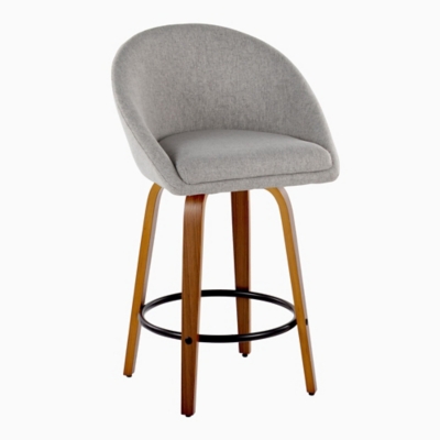 Close-up of single gray fabric counter stool showing upholstery and wooden legs