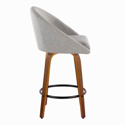 Back and side view of gray fabric counter stool on wooden legs with black footrest