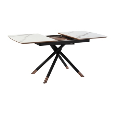 Table with marble-patterned top, extension leaf pulled out showing internal mechanism, black base with cross legs