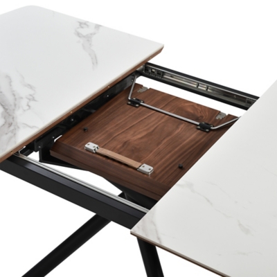 Close-up of table surface showing white marble pattern and wood grain, mounted on black metal frame