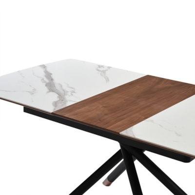 Perspective close-up of table top showing marble pattern and wood insert, base with crossed legs