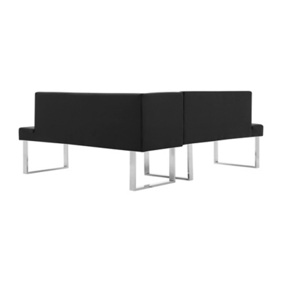 Close-up of a black padded bench with chrome legs.