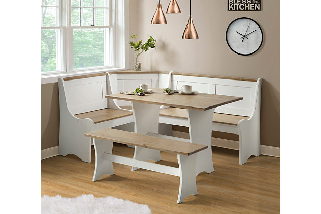 This dining nook will transform any kitchen corner into a cozy spot for meals and conversations. Each item is constructed of solid pine wood for exceptional durability, and the seats can be assembled in left- or right-handed formations.3-piece set includes table, bench and corner unit | made of pine wood | Antiqued white finish | Tabletop and seats feature a warm, natural finish | Ideal for small spaces | Assembly required | Ships in 2 boxes