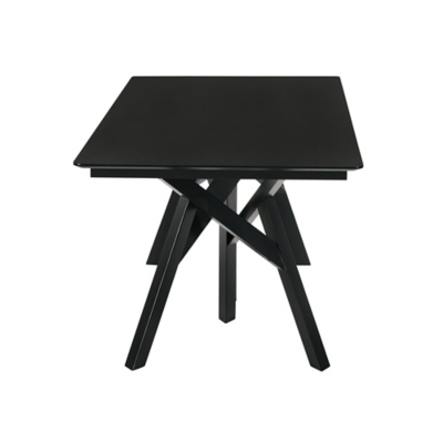 Black dining table top with angled legs visible from below, front-left perspective