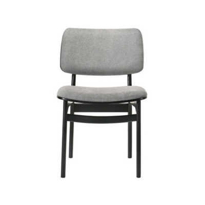 Rear view of dining chair gray upholstery and black frame