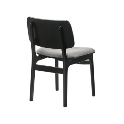 Side/back view of dining chair black frame gray upholstery