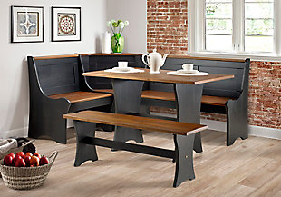 This breakfast nook will transform any kitchen corner into a cozy spot for meals and conversations. Each item is constructed of solid pine wood for exceptional durability, and the seats can be assembled in left- or right-handed formations. This nook provides just the right amount of space and function, and can fit five people comfortably around it. 3-piece set includes table, bench and corner unit | Made of pine wood | Antiqued black finish | Tabletop and seats feature a warm, natural finish | Ideal for small spaces | Assembly required | Ships in 2 boxes