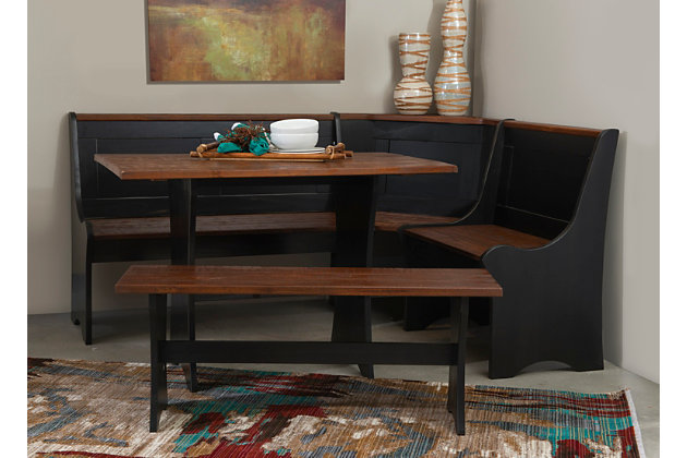 This breakfast nook will transform any kitchen corner into a cozy spot for meals and conversations. Each item is constructed of solid pine wood for exceptional durability, and the seats can be assembled in left- or right-handed formations. This nook provides just the right amount of space and function, and can fit five people comfortably around it. 3-piece set includes table, bench and corner unit | Made of pine wood | Antiqued black finish | Tabletop and seats feature a warm, natural finish | Ideal for small spaces | Assembly required | Ships in 2 boxes